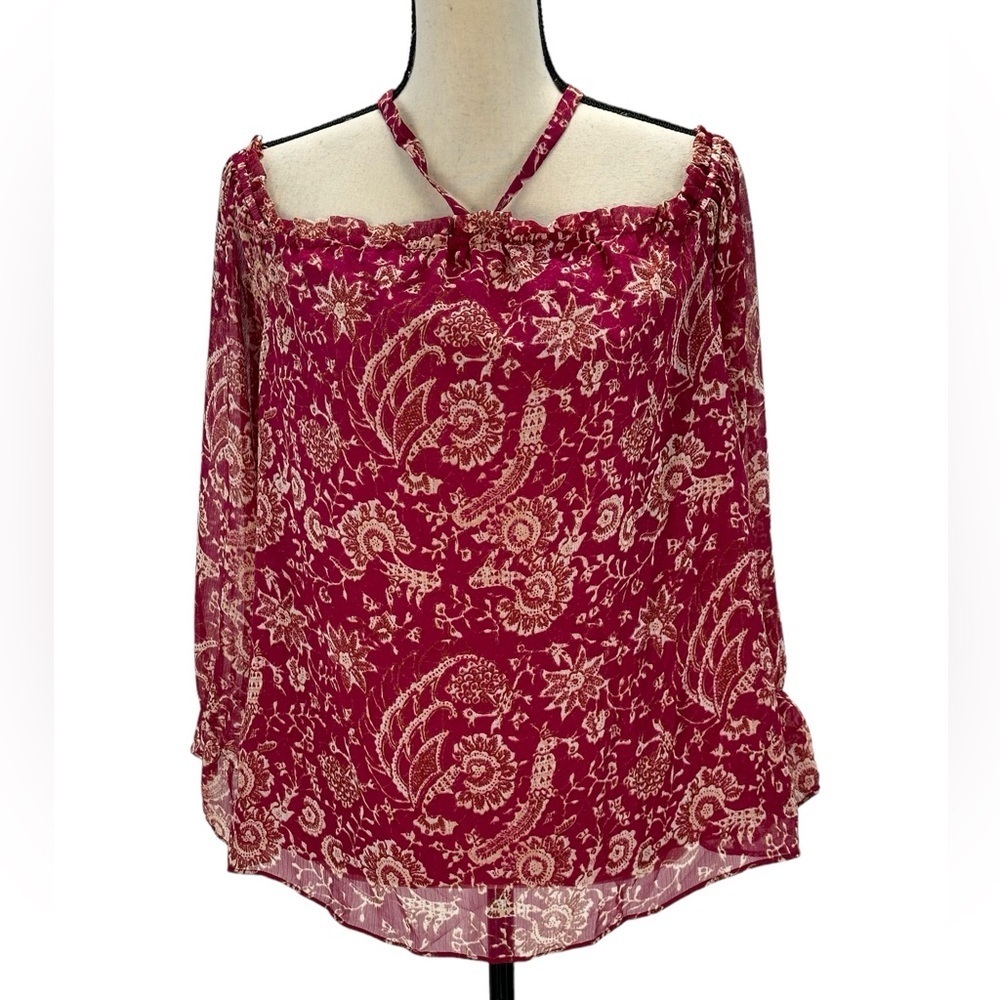 INC Long Sheer Sleeve Cold Shoulder Batik Scene Blouse - Maroon Red Cream - Med